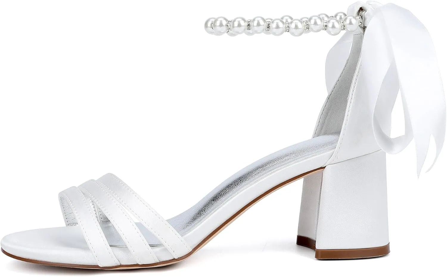 Women's Pearls Satin Chunky Block Heels Pearls Wedding Sandals with Ribbon Tie Open Toe Strappy Bridal Shoes