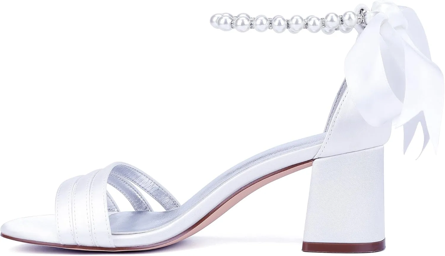Women's Pearls Satin Chunky Block Heels Pearls Wedding Sandals with Ribbon Tie Open Toe Strappy Bridal Shoes