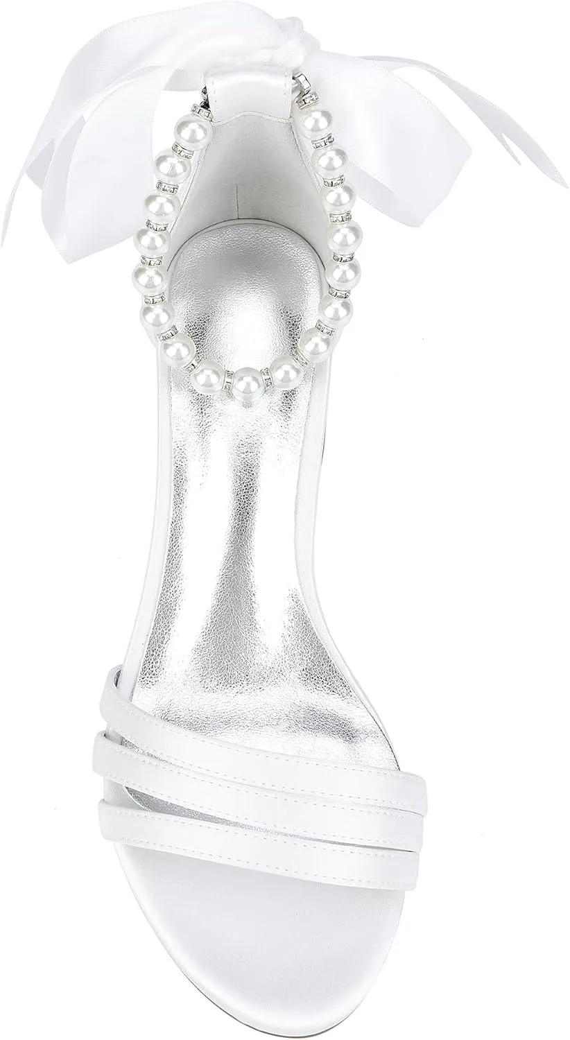 Women's Pearls Satin Chunky Block Heels Pearls Wedding Sandals with Ribbon Tie Open Toe Strappy Bridal Shoes