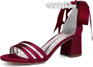 Women's Pearls Satin Chunky Block Heels Pearls Wedding Sandals with Ribbon Tie Open Toe Strappy Bridal Shoes