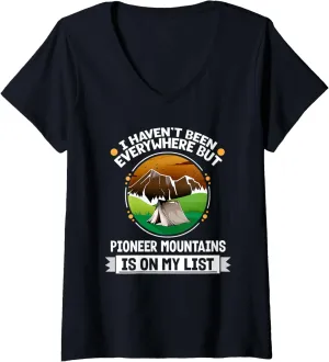 Womens Pioneer Mountains Is On My List Hiking Camping Hiker Camper V-Neck T-Shirt