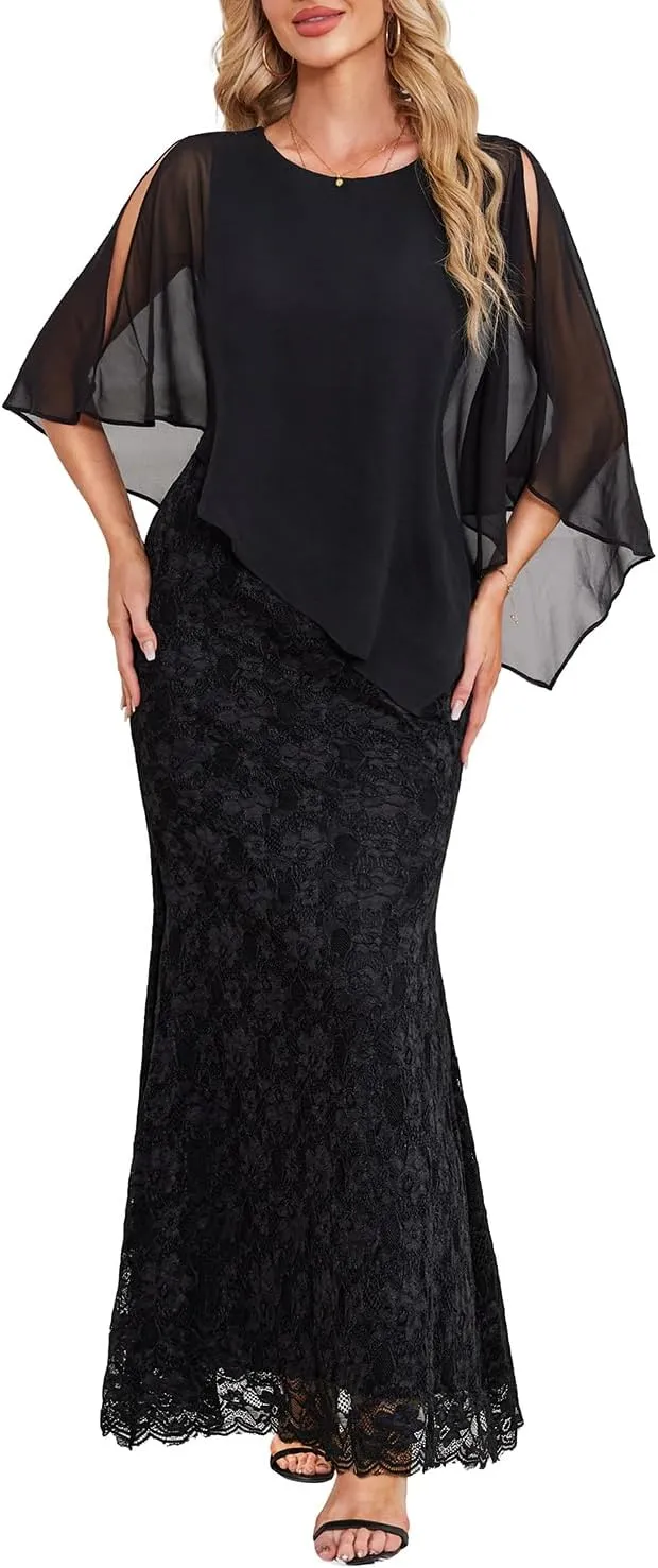 Women's Plus Size Cape Dress with Chiffon Overlay Gown Formal Evening Lace Long Mermaid Dresses 2025