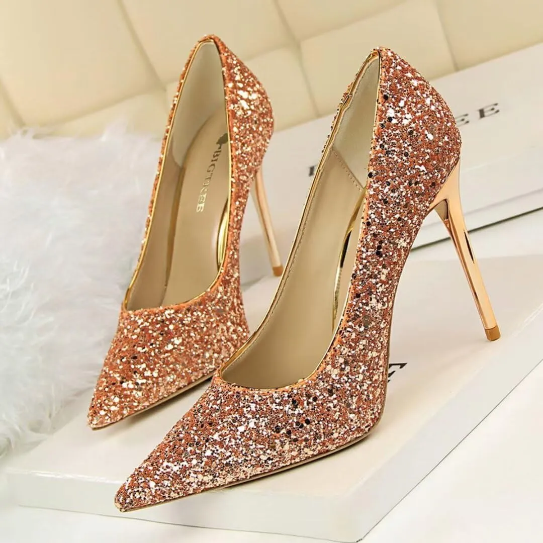 Women's Pointed Toe High Heel Pumps 3.7 Inch Classic Stiletto Sparkling Sequins Prom Shoes Stiletto Wedding Heels for Bride Shoes for Women