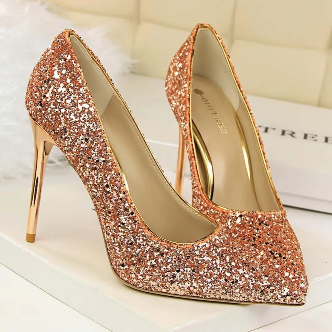 Women's Pointed Toe High Heel Pumps 3.7 Inch Classic Stiletto Sparkling Sequins Prom Shoes Stiletto Wedding Heels for Bride Shoes for Women