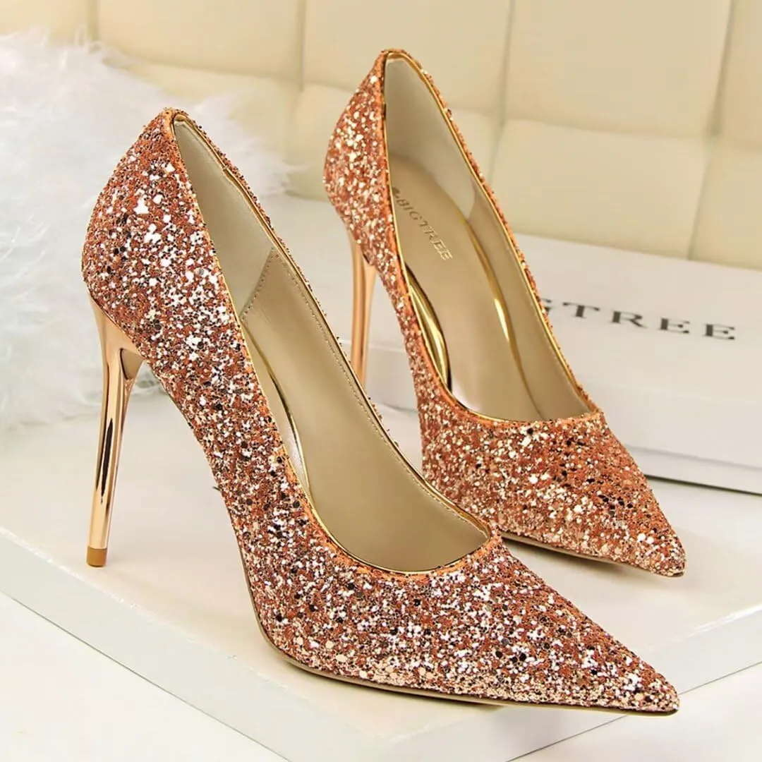 Women's Pointed Toe High Heel Pumps 3.7 Inch Classic Stiletto Sparkling Sequins Prom Shoes Stiletto Wedding Heels for Bride Shoes for Women
