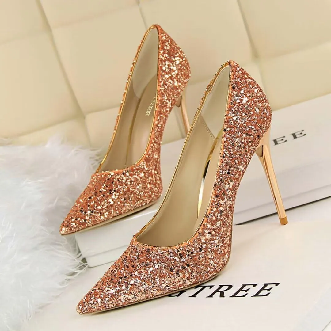 Women's Pointed Toe High Heel Pumps 3.7 Inch Classic Stiletto Sparkling Sequins Prom Shoes Stiletto Wedding Heels for Bride Shoes for Women