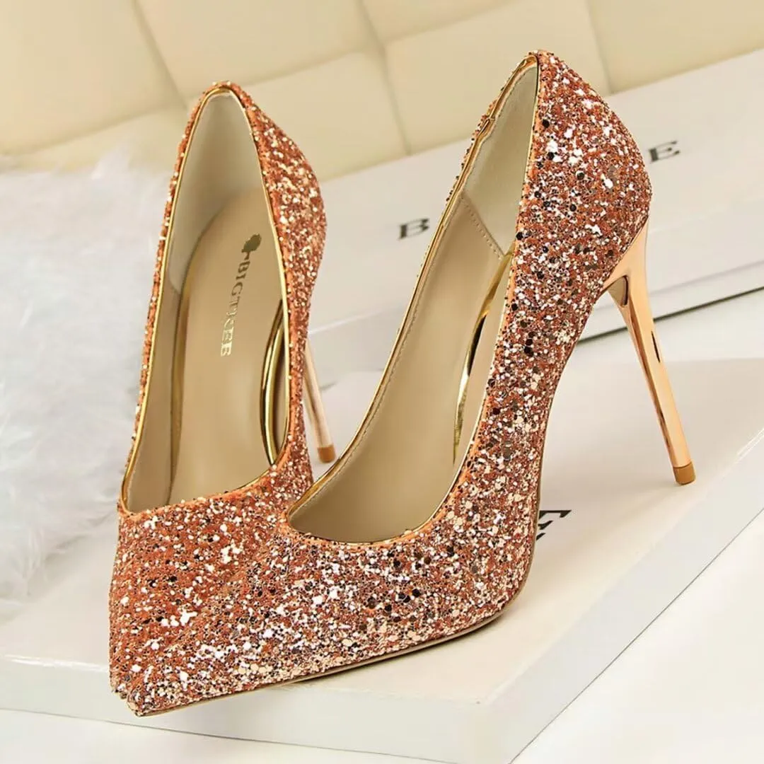 Women's Pointed Toe High Heel Pumps 3.7 Inch Classic Stiletto Sparkling Sequins Prom Shoes Stiletto Wedding Heels for Bride Shoes for Women