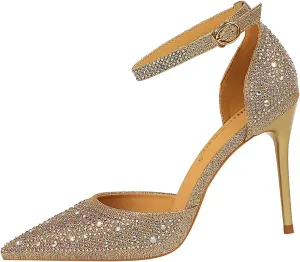 Women's Pointed Toe Stiletto High Heel Pumps Sparkling Rhinestones Ankle Strap Wedding Bridal Evening Party Dress Shoes Heel About 4"