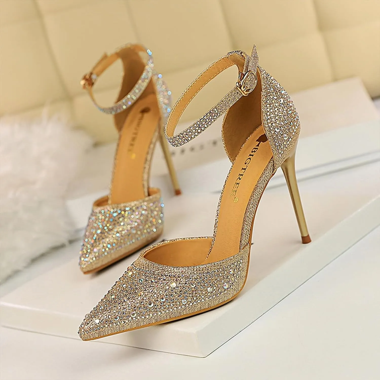 Women's Pointed Toe Stiletto High Heel Pumps Sparkling Rhinestones Ankle Strap Wedding Bridal Evening Party Dress Shoes Heel About 4"