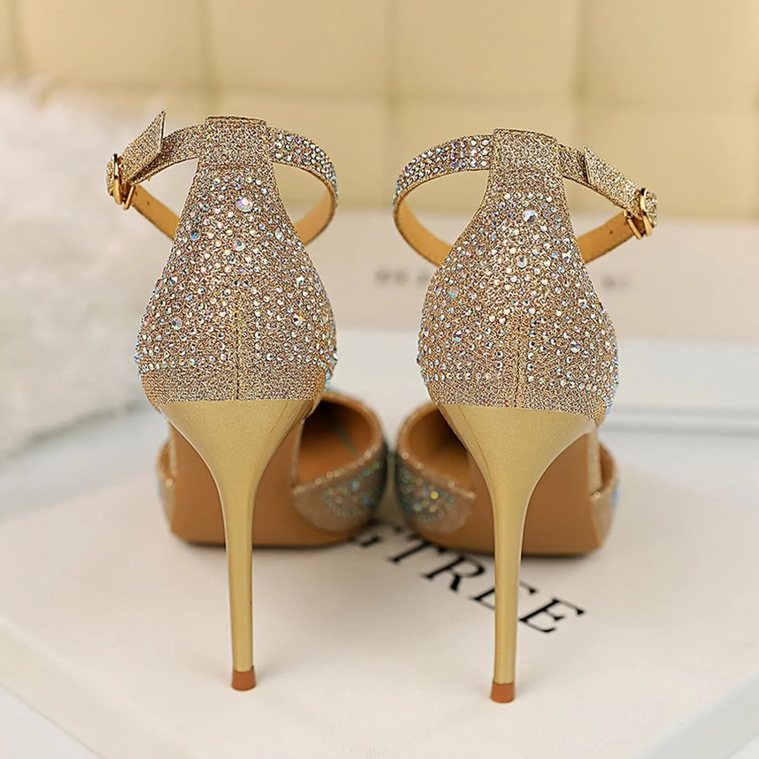 Women's Pointed Toe Stiletto High Heel Pumps Sparkling Rhinestones Ankle Strap Wedding Bridal Evening Party Dress Shoes Heel About 4"