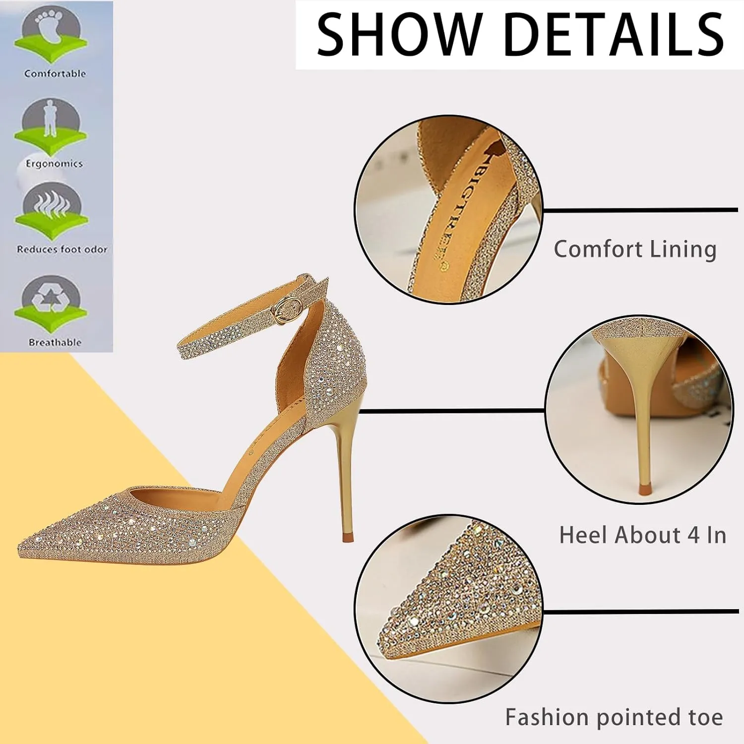 Women's Pointed Toe Stiletto High Heel Pumps Sparkling Rhinestones Ankle Strap Wedding Bridal Evening Party Dress Shoes Heel About 4"