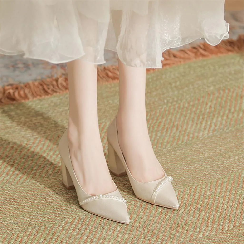 Women's Pointy Head Pearl Buckle Satin High Heels Commuting Hundred Work 5cm/1.97in Thick Heel Single Shoes