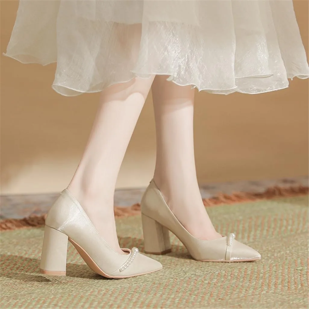 Women's Pointy Head Pearl Buckle Satin High Heels Commuting Hundred Work 5cm/1.97in Thick Heel Single Shoes
