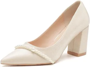 Women's Pointy Head Pearl Buckle Satin High Heels Commuting Hundred Work 5cm/1.97in Thick Heel Single Shoes