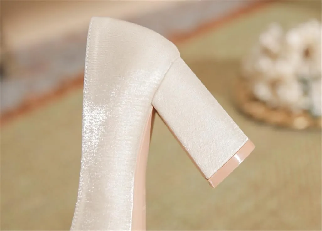 Women's Pointy Head Pearl Buckle Satin High Heels Commuting Hundred Work 5cm/1.97in Thick Heel Single Shoes