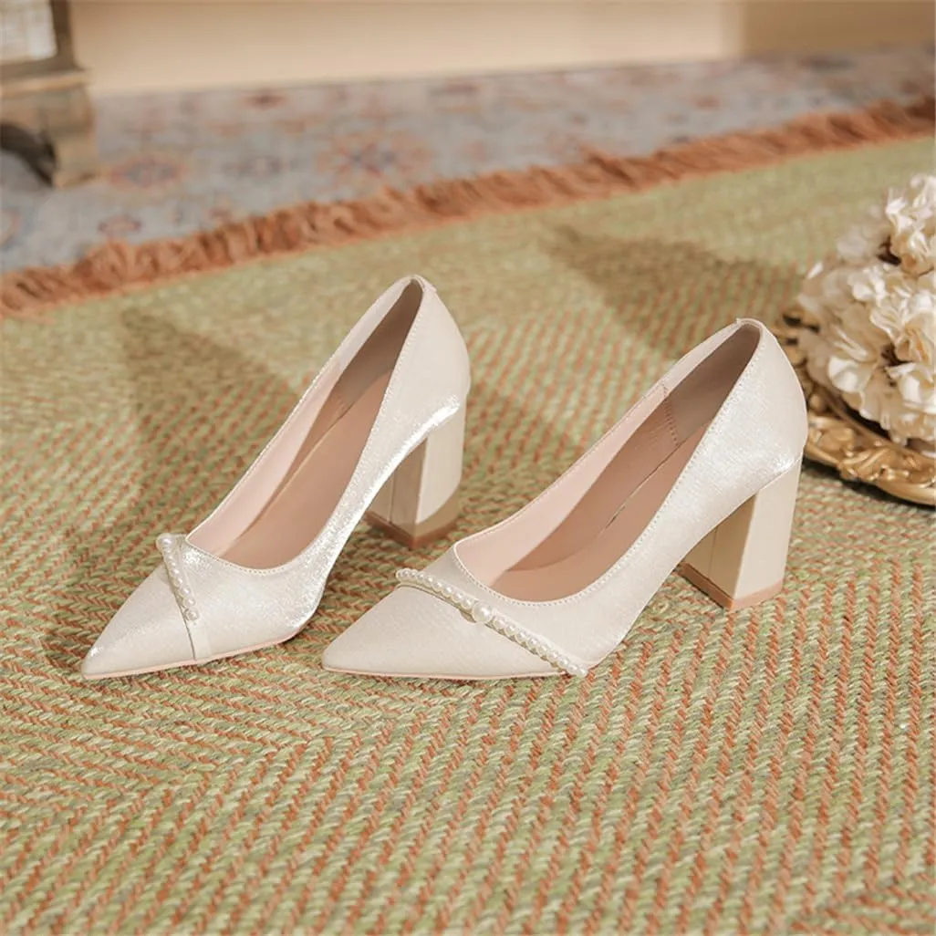 Women's Pointy Head Pearl Buckle Satin High Heels Commuting Hundred Work 5cm/1.97in Thick Heel Single Shoes