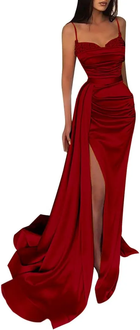Women's Prom Dresses with Slit Spaghetti Strap Sparkly Mermaid Pleated Beading Stain Formal Evening Gowns