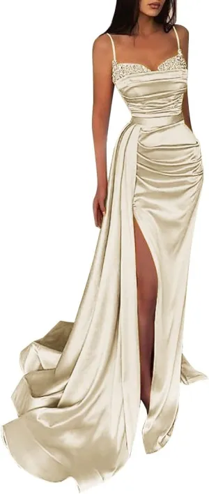 Women's Prom Dresses with Slit Spaghetti Strap Sparkly Mermaid Pleated Beading Stain Formal Evening Gowns