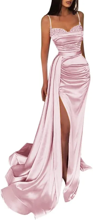 Women's Prom Dresses with Slit Spaghetti Strap Sparkly Mermaid Pleated Beading Stain Formal Evening Gowns