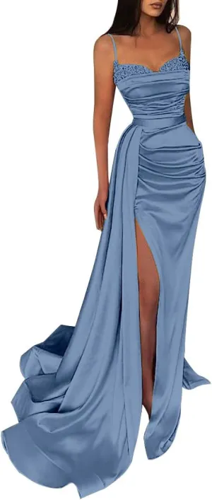 Women's Prom Dresses with Slit Spaghetti Strap Sparkly Mermaid Pleated Beading Stain Formal Evening Gowns