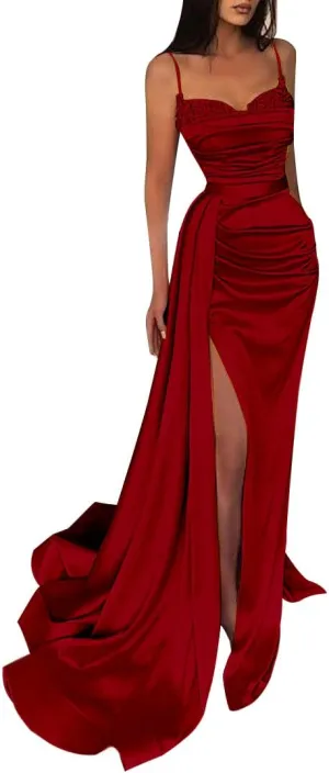 Women's Prom Dresses with Slit Spaghetti Strap Sparkly Mermaid Pleated Beading Stain Formal Evening Gowns