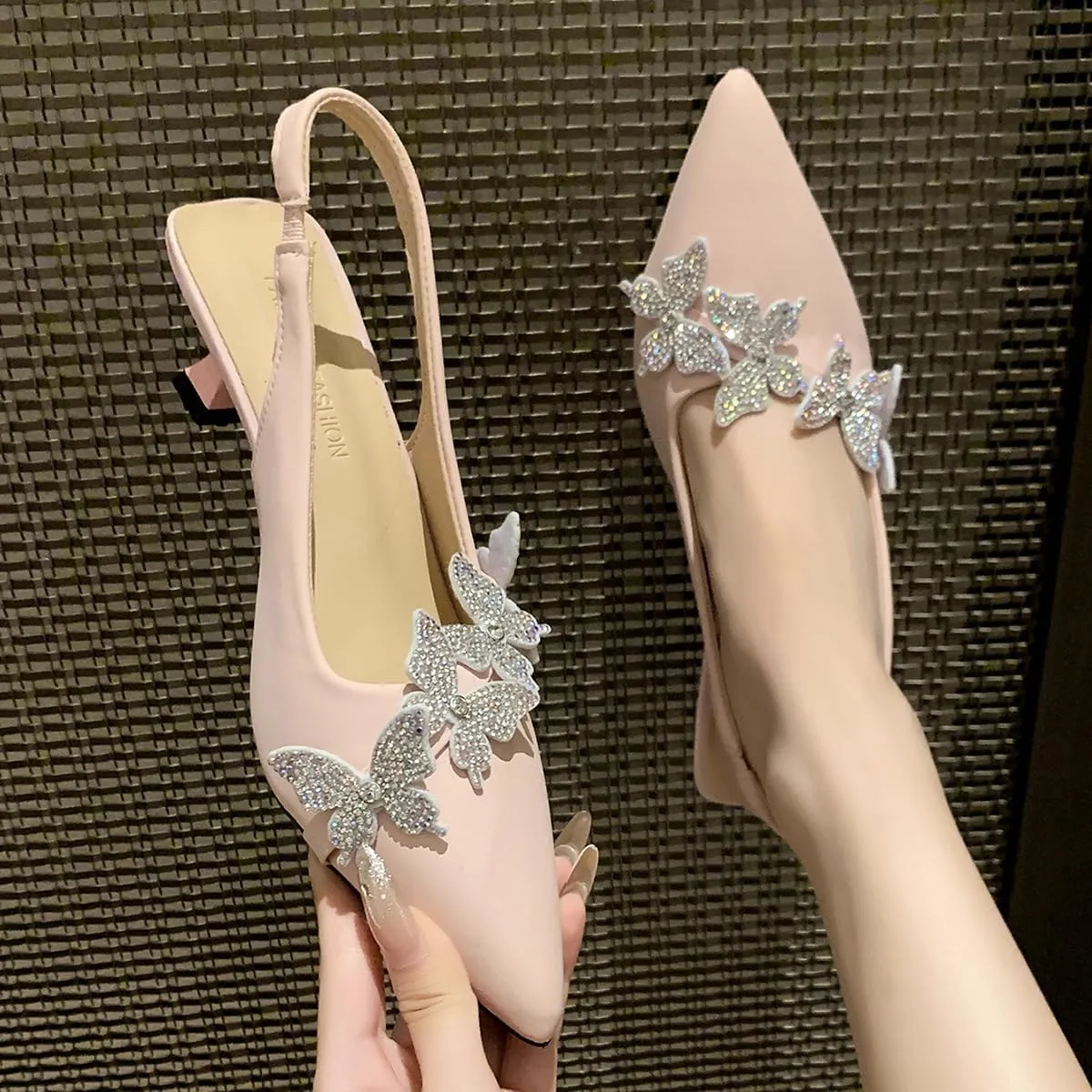 Women's Rhinestone Butterfly Slingback Kitten Heels – Pointed Toe Dress Shoes for Wedding Guest, Cocktail Party, Prom, Evening or Formal Events – Elegant Slip-On Low Heels for Women