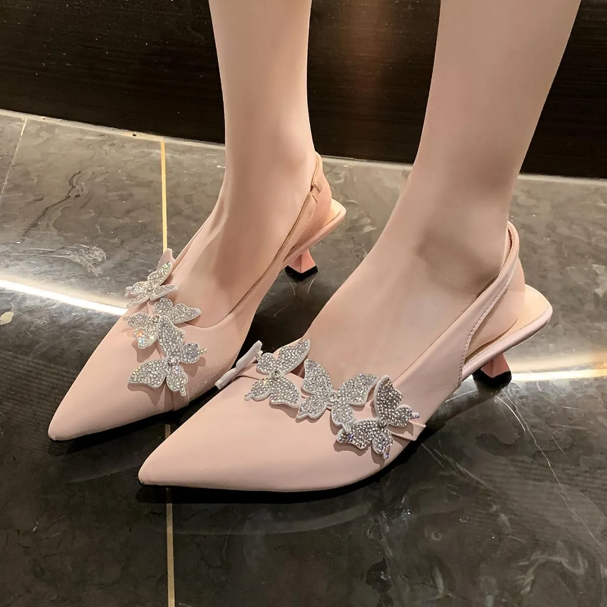 Women's Rhinestone Butterfly Slingback Kitten Heels – Pointed Toe Dress Shoes for Wedding Guest, Cocktail Party, Prom, Evening or Formal Events – Elegant Slip-On Low Heels for Women