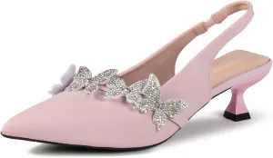 Women's Rhinestone Butterfly Slingback Kitten Heels – Pointed Toe Dress Shoes for Wedding Guest, Cocktail Party, Prom, Evening or Formal Events – Elegant Slip-On Low Heels for Women