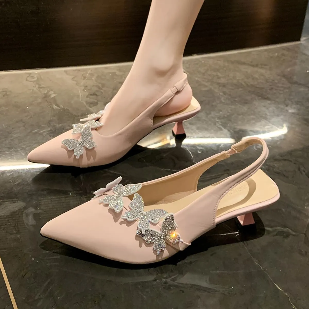 Women's Rhinestone Butterfly Slingback Kitten Heels – Pointed Toe Dress Shoes for Wedding Guest, Cocktail Party, Prom, Evening or Formal Events – Elegant Slip-On Low Heels for Women