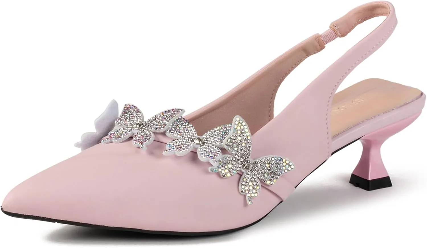 Women's Rhinestone Butterfly Slingback Kitten Heels – Pointed Toe Dress Shoes for Wedding Guest, Cocktail Party, Prom, Evening or Formal Events – Elegant Slip-On Low Heels for Women