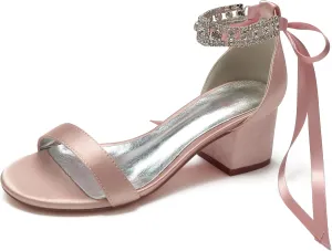 Women's Rhinestones Block Heels Satin Wedding Shoes for Bride Low Heels Comfortable Bridal Shoes White Heels Chunky Formal Evening Party Prom Sandals Pumps