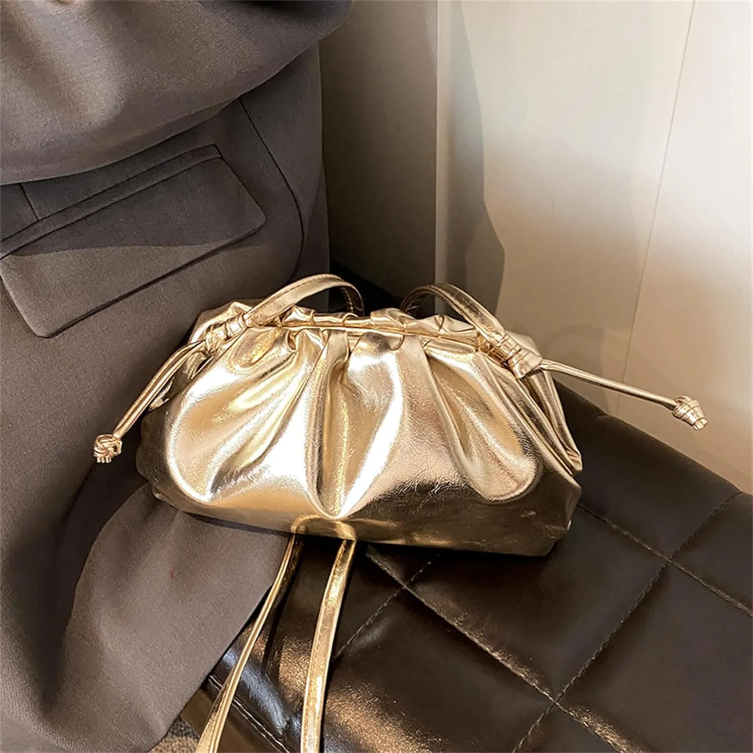 Women's Ruched Cloud Purse, Soft Dumpling Sparkly Crossbody Bag, Fashion Leather Shoulder Bag, Evening Handbag