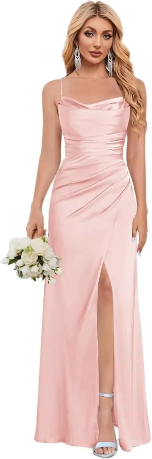 Women's Satin Bridesmaid Dresses with Slit Mermaid Prom Dress Long Ruched Wedding Guest Gown