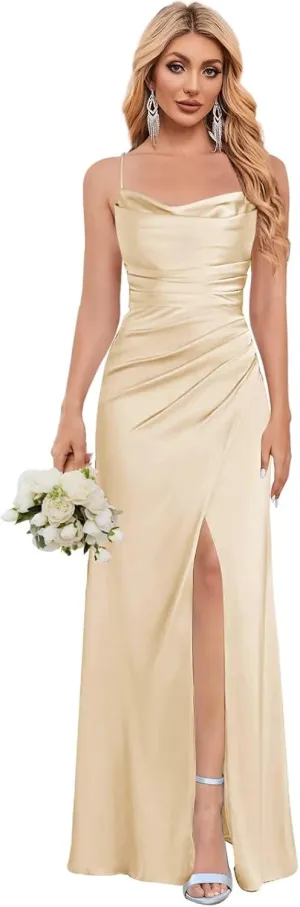 Women's Satin Bridesmaid Dresses with Slit Mermaid Prom Dress Long Ruched Wedding Guest Gown