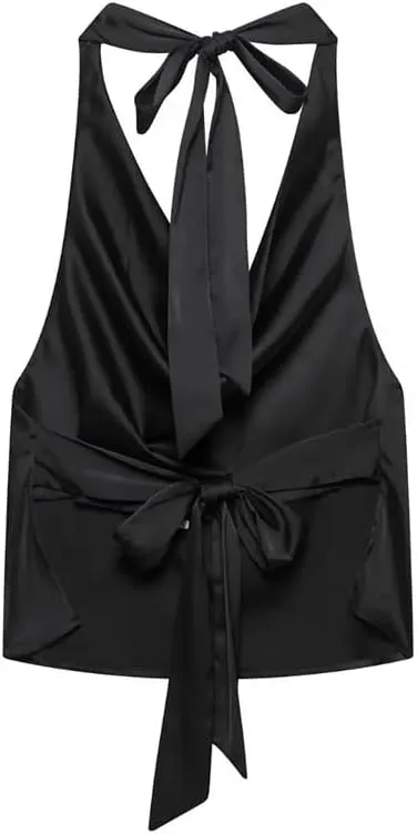 Women's Satin Halter Neck Vest Tie Back Bow Detail Sexy Evening Sleeveless Party Top