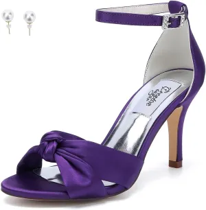 Women's Satin High Heel Sandals Bowknot Crossed strappy Wedding Party Shoes with pearl Eearrings