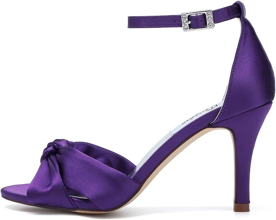 Women's Satin High Heel Sandals Bowknot Crossed strappy Wedding Party Shoes with pearl Eearrings