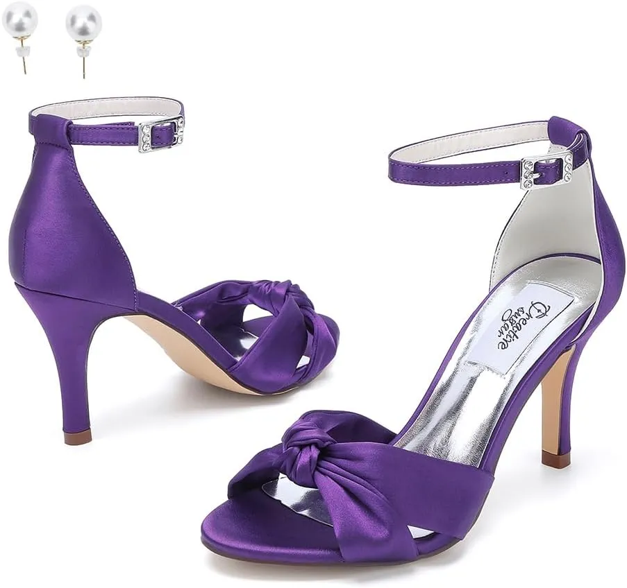Women's Satin High Heel Sandals Bowknot Crossed strappy Wedding Party Shoes with pearl Eearrings