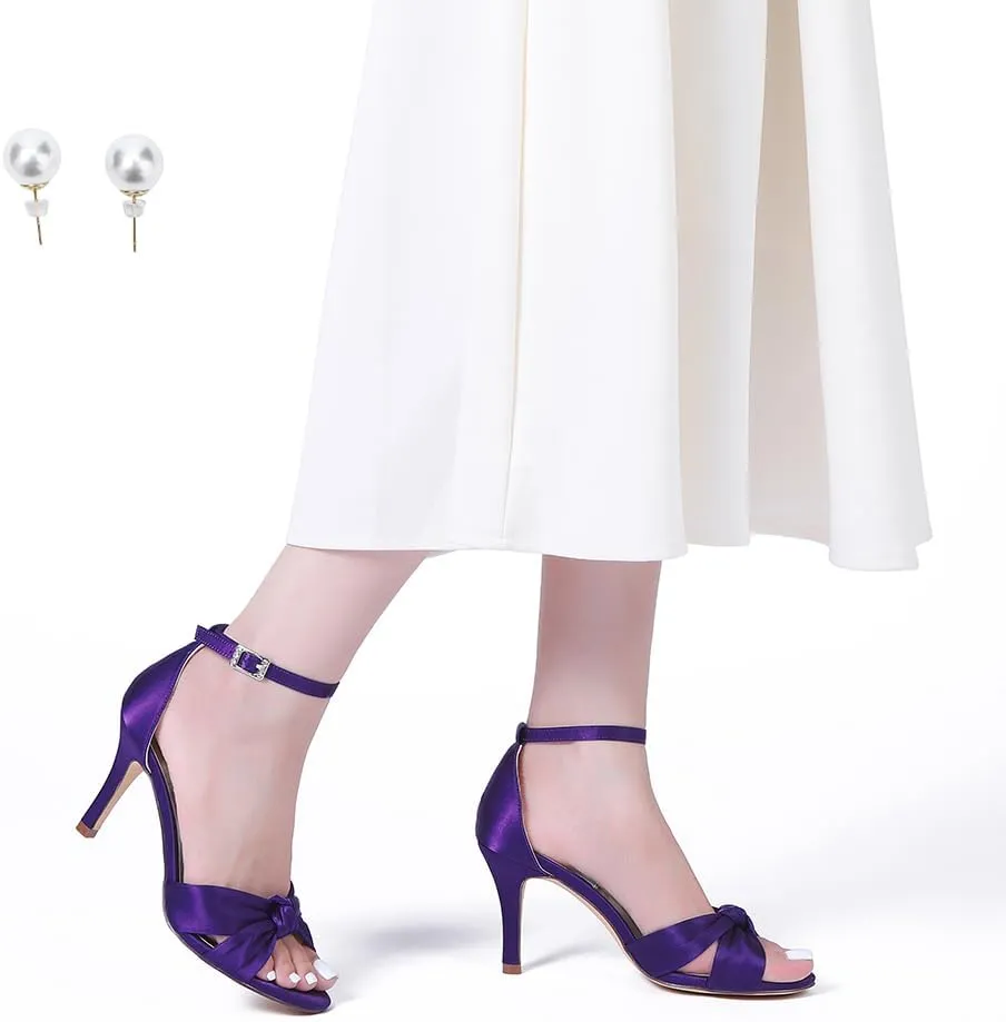 Women's Satin High Heel Sandals Bowknot Crossed strappy Wedding Party Shoes with pearl Eearrings