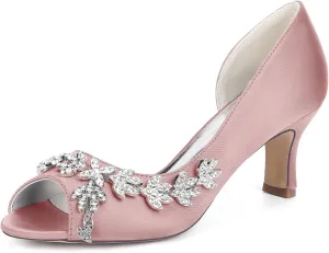 Women's Satin Kitten Heel Wedding Shoes for Bride Rhinestones Bridal Pumps Mid Heels Stilettos Prom Shoes