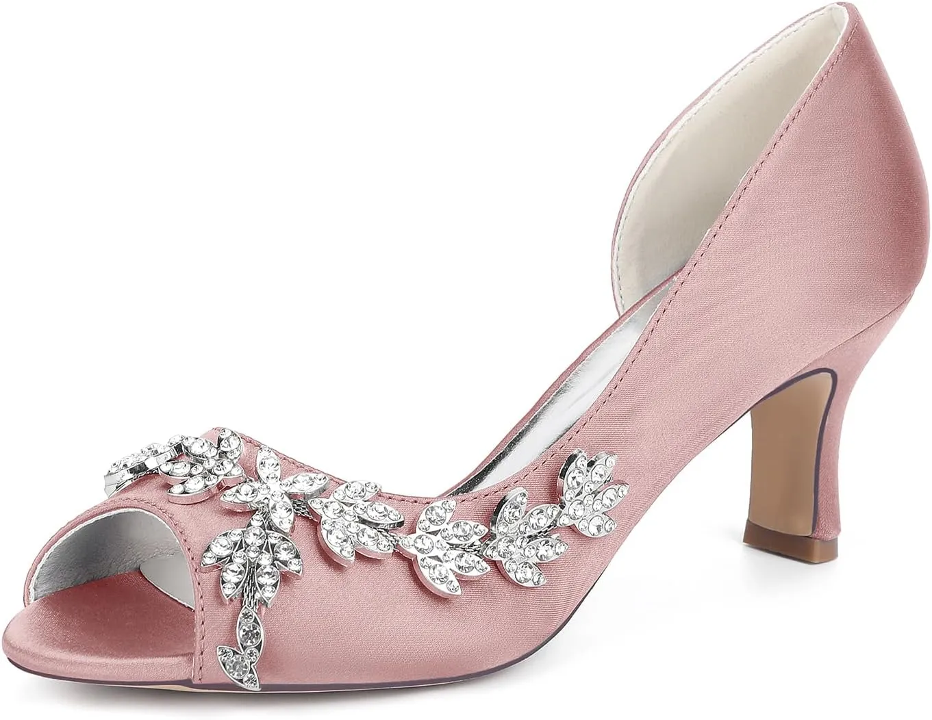Women's Satin Kitten Heel Wedding Shoes for Bride Rhinestones Bridal Pumps Mid Heels Stilettos Prom Shoes