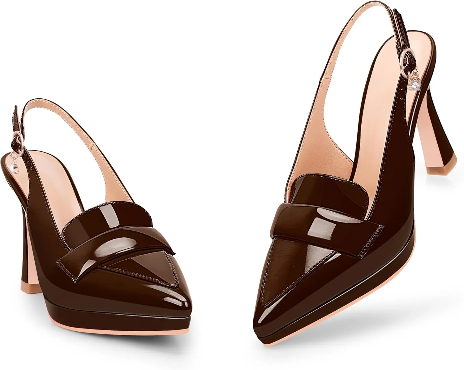 Women's Slingback High Heel Pointed Toe Platform Pumps Buckle Strap Patent Leather Dress Shoes