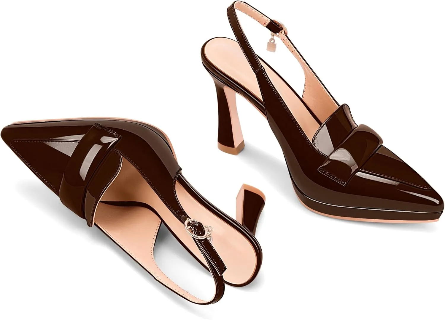 Women's Slingback High Heel Pointed Toe Platform Pumps Buckle Strap Patent Leather Dress Shoes