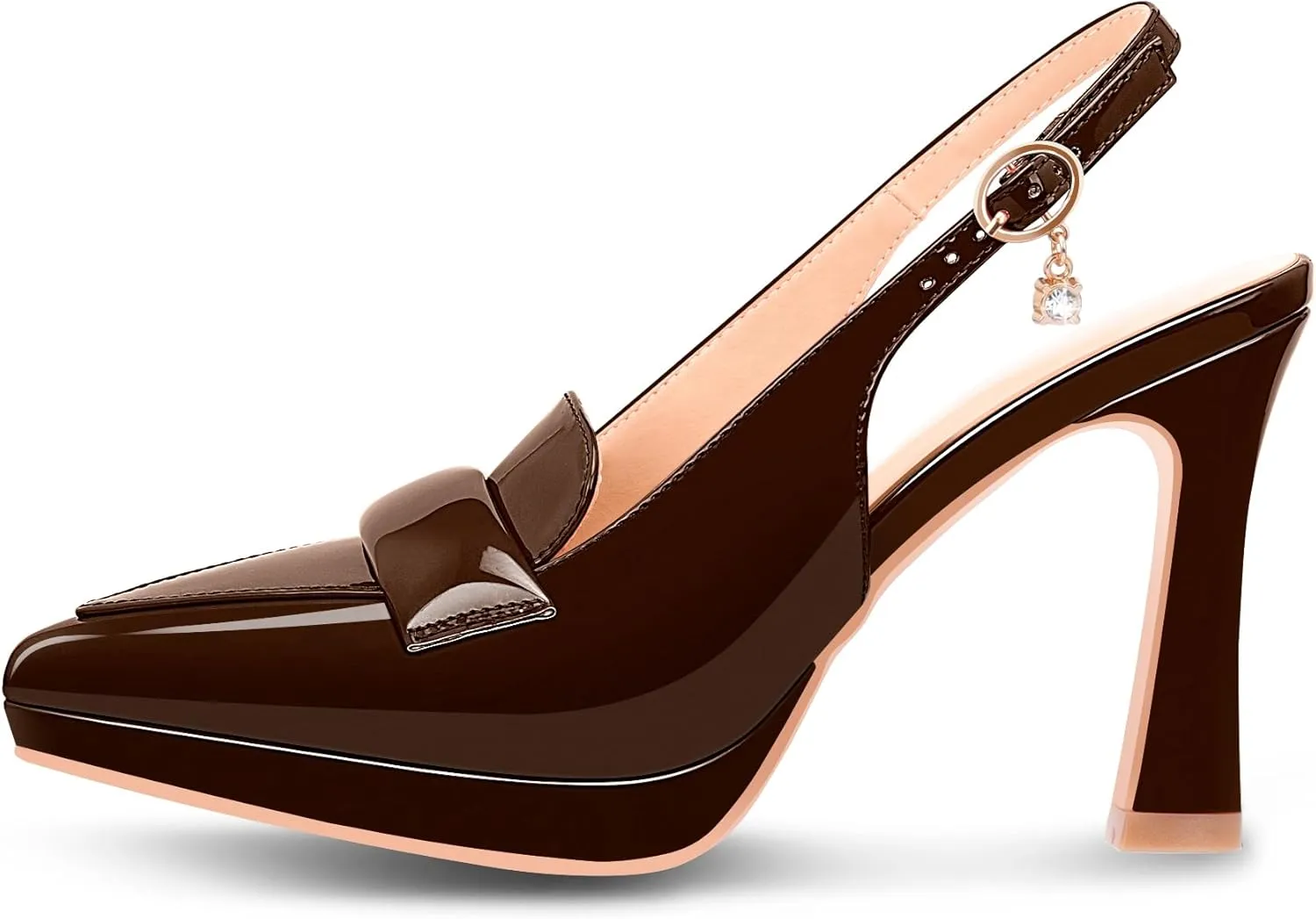 Women's Slingback High Heel Pointed Toe Platform Pumps Buckle Strap Patent Leather Dress Shoes