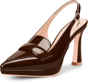 Women's Slingback High Heel Pointed Toe Platform Pumps Buckle Strap Patent Leather Dress Shoes
