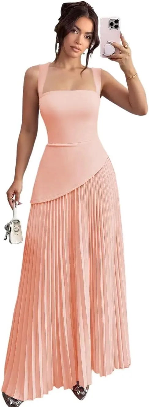 Women's Spaghetti Straps Bridesmaid Dresses 2025 Asymmetrical Drop Waist Pleated Formal Evening Dress DE499