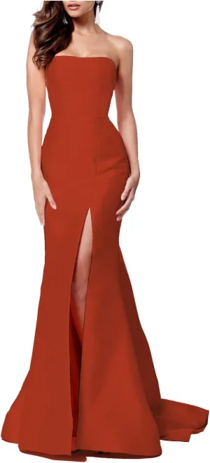 Women's Strapless Satin Prom Dresses Briesmaid Dress Formal Party Gown with Slit