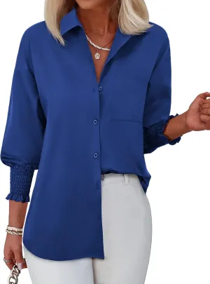 Womens Striped Button Down Shirts Smocked Long Puff Sleeve Oversized Boyfriend Blouses Loose Pocket Office Work Tops