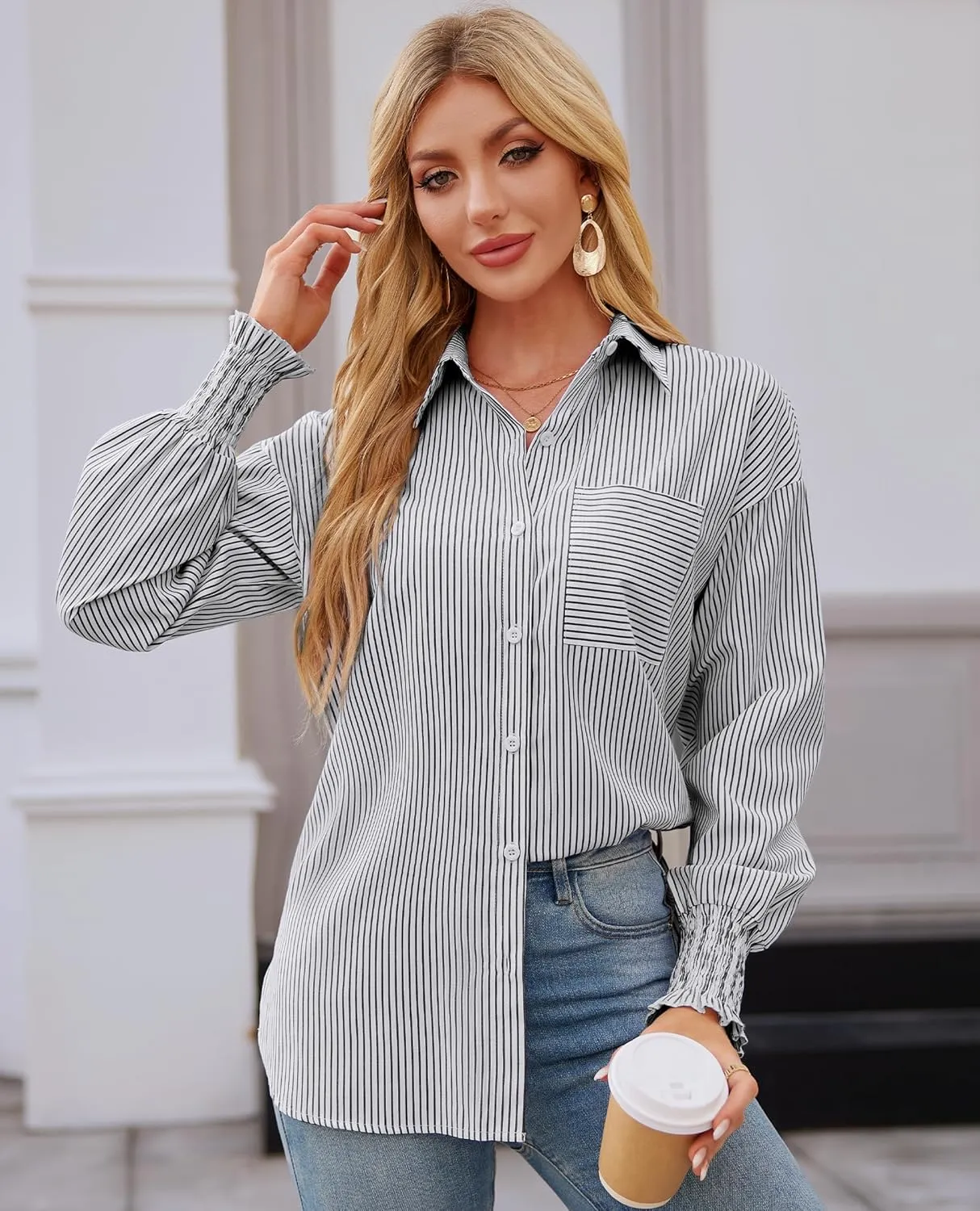 Womens Striped Button Down Shirts Smocked Long Puff Sleeve Oversized Boyfriend Blouses Loose Pocket Office Work Tops