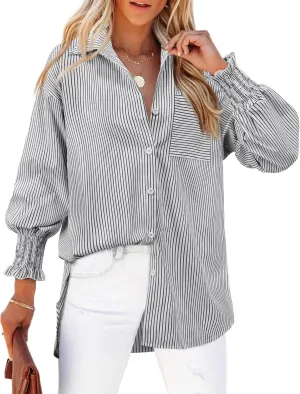 Womens Striped Button Down Shirts Smocked Long Puff Sleeve Oversized Boyfriend Blouses Loose Pocket Office Work Tops